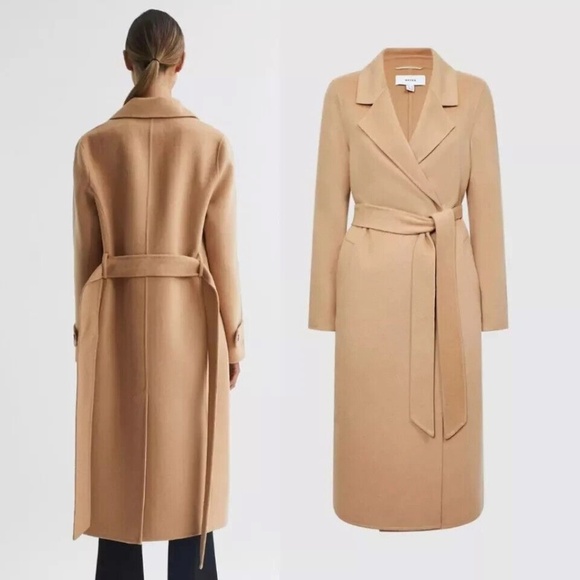 $475 Unworn Reiss Brooks Long Length Belted Wool Blend Overcoat in Camel - Picture 2 of 11